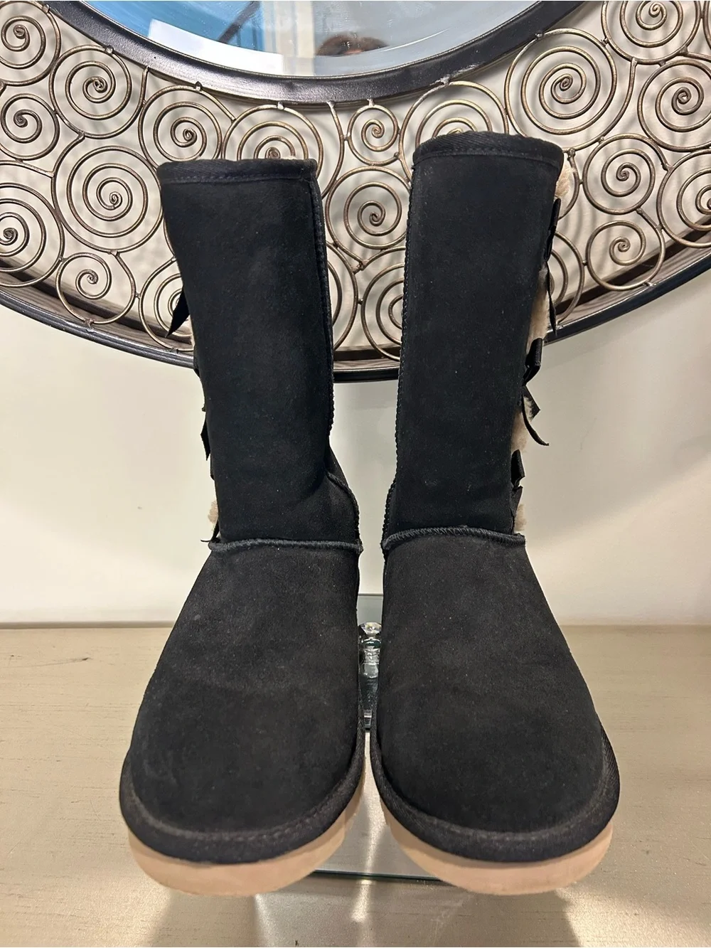 Koolaburra Black Suede Mid-Calf Boots with Cream Fur Trim and Side Bows